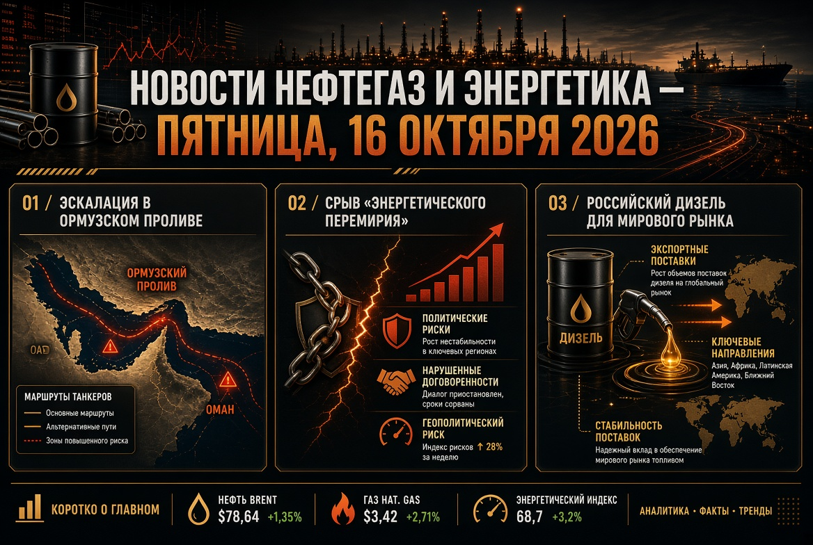 Nouvelles pétrolières et énergétiques — vendredi, 16 octobre 2026 : Escalade dans le détroit d'Ormuz, échec de la "trêve énergétique" et diesel russe pour le marché mondial