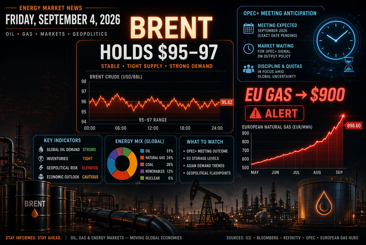 Actualités pétrolières et énergétiques - vendredi 4 septembre 2026 : Brent se maintient à 95-97 USD en attente de la réunion de l'OPEP+, gaz en Europe frôle les 900.