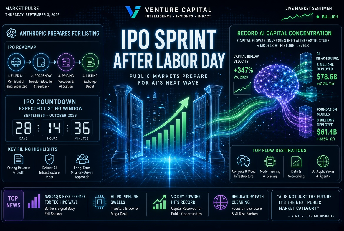 Actualités des startups et des investissements en capital-risque — jeudi 3 septembre 2026 : Sprint IPO après le jour du Travail, préparation d'Anthropic à l'introduction en bourse et concentration record de capitaux en AI.