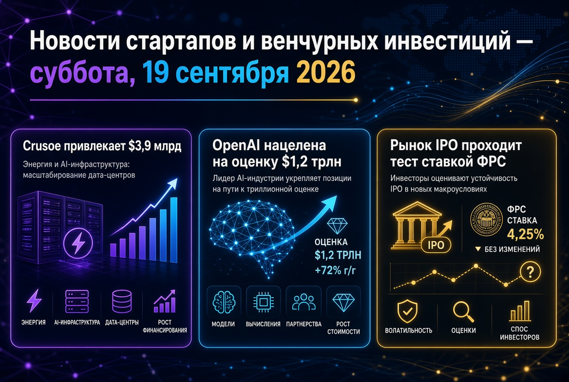 Actualités des start-ups et des investissements en capital-risque — samedi 19 septembre 2026 : Crusoe lève 3,9 milliards de dollars, OpenAI vise une valorisation de 1,2 trillion de dollars, le marché des IPO est mis à l'épreuve par les taux de la Réserve 