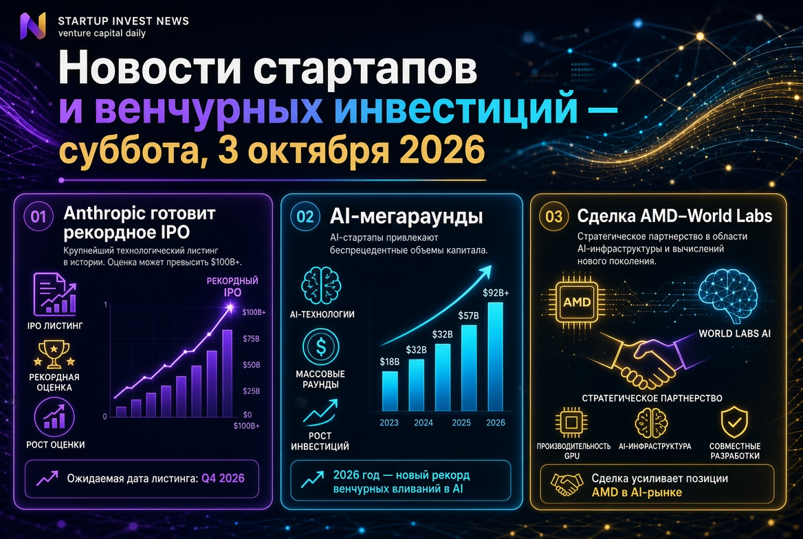 Actualités des startups et des investissements - samedi 3 octobre 2026 : Anthropic prépare un IPO record, les mégarounds AI et l'opération AMD-World Labs