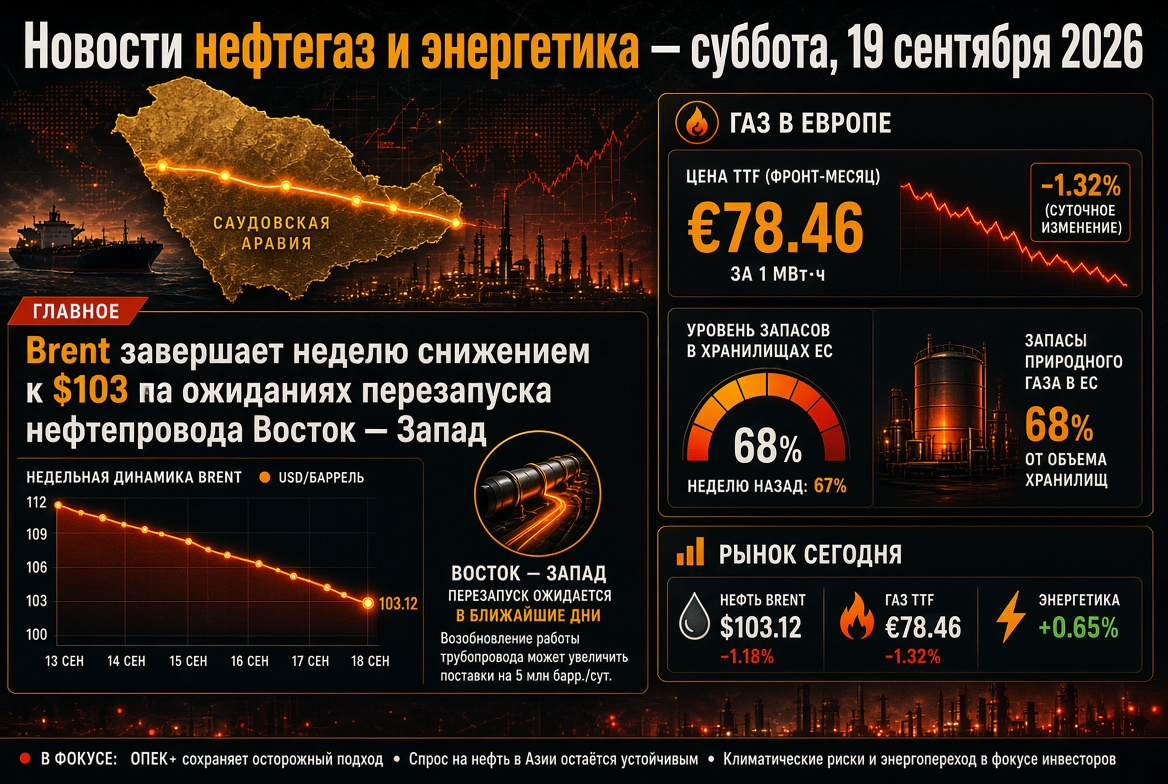 Actualités pétrole et énergie – samedi 19 septembre 2026 : Brent termine la semaine en baisse à 103 $ avec des attentes de relance du pipeline Est – Ouest, gaz en Europe autour de 78 € avec des réserves à 68 %.