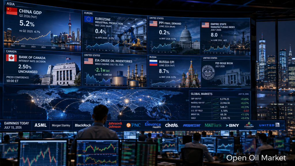 Marchés mondiaux du 15 juillet 2026 : PIB de la Chine, PPI des États-Unis, Banque du Canada, stocks de pétrole EIA et rapports d'ASML, Morgan Stanley et BlackRock.