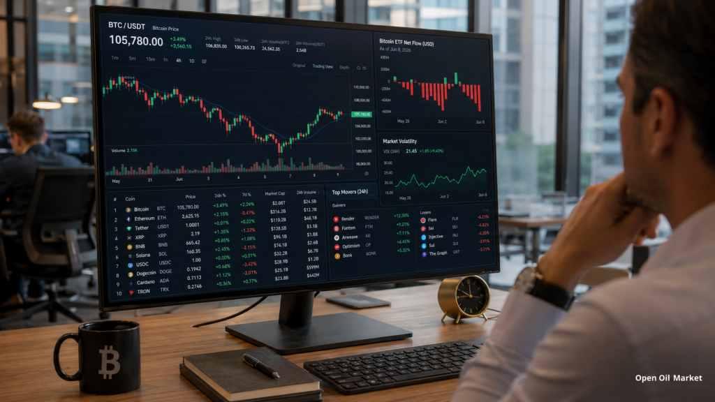 Actualités des cryptomonnaies, mardi 9 juin 2026 : le bitcoin maintient le marché après une chute, tandis que les investisseurs évaluent les sorties des ETF, les stablecoins et le top 10 des actifs numériques.