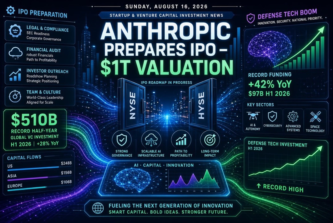 Actualités des startups et des investissements en capital-risque — dimanche, 16 août 2026 : Anthropic prépare un IPO à 1 trillion de dollars, record de 510 milliards de dollars pour le semestre et boom des technologies de défense