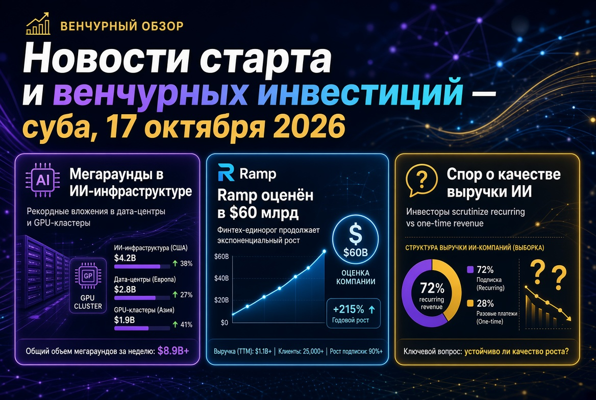 Actualités des startups et des investissements en capital-risque — samedi, 17 octobre 2026 : mégarounds en infrastructure IA, Ramp évalué à 60 milliards de dollars et débat sur la qualité des revenus IA