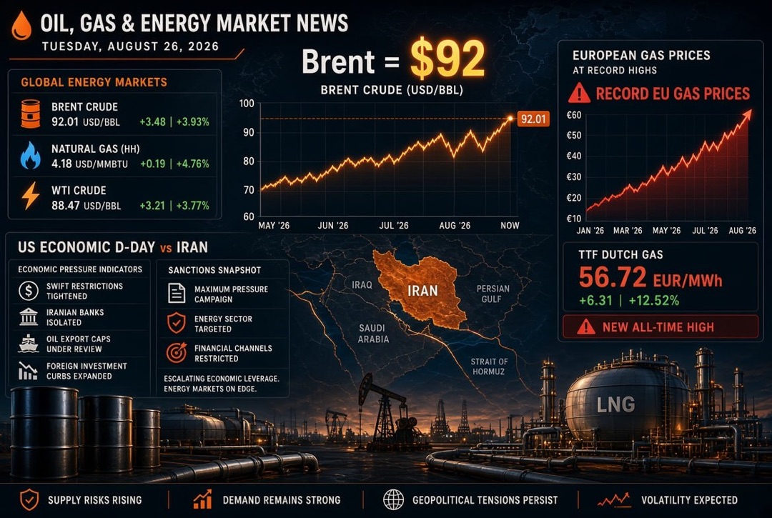 Actualités pétrole et gaz et énergie - mardi 26 août 2026 : "D-Day économique" des États-Unis contre l'Iran, Brent à 92 $ et prix record du gaz en Europe