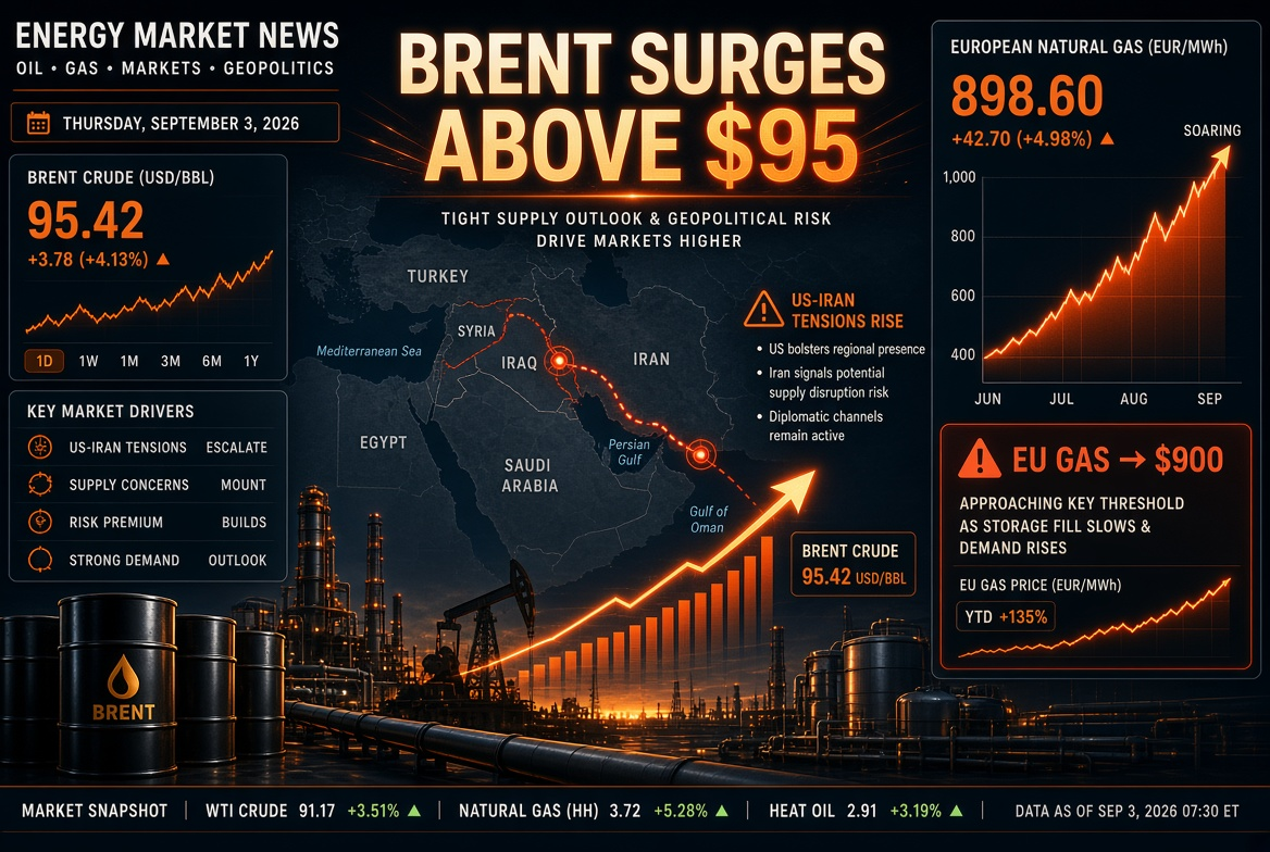 Actualités pétrolières et énergétiques — jeudi 3 septembre 2026 : l'escalade des États-Unis et de l'Iran propulse le Brent au-dessus de 95 $, le gaz en Europe augmente à 900 $.