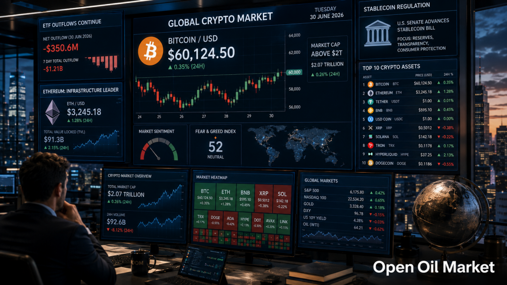 Marché des cryptomonnaies du 30 juin 2026 : Ethereum, Solana, XRP, BNB, USDT, USDC et sorties des ETF.