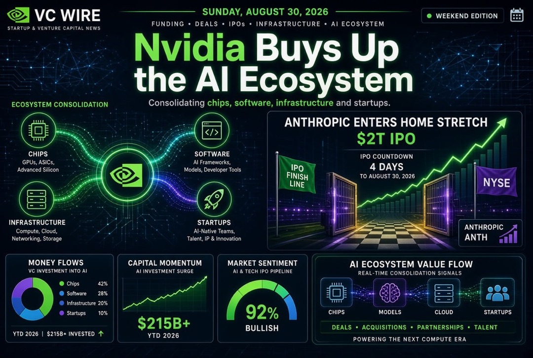 Actualités des startups et des investissements en capital-risque - dimanche 30 août 2026 : Nvidia acquiert un écosystème d'IA, Anthropic entre dans la ligne droite avant une IPO de 2 billions de dollars