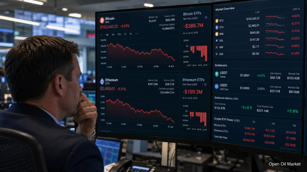 Marché des cryptomonnaies 8 juin 2026 : Bitcoin sous pression, Ethereum en baisse, les stablecoins renforcent leurs positions