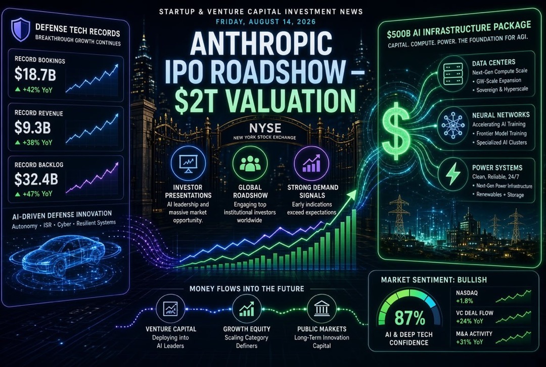 Nouvelles des startups et des investissements en capital-risque - vendredi 14 août 2026 : roadshow IPO d'Anthropic à 2 trillions de dollars, paquet de 500 milliards de dollars pour l'infrastructure AI et records des technologies de défense.