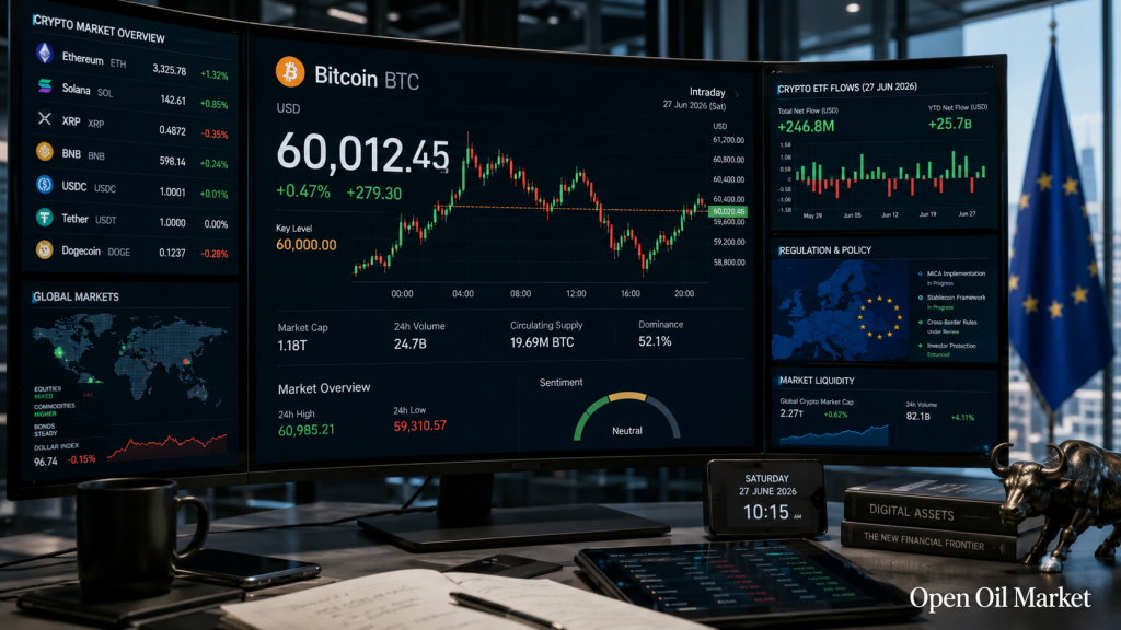 Marché mondial des cryptomonnaies 27 juin 2026 : Bitcoin, Ethereum, flux d'ETF, stablecoins et réglementation MiCA