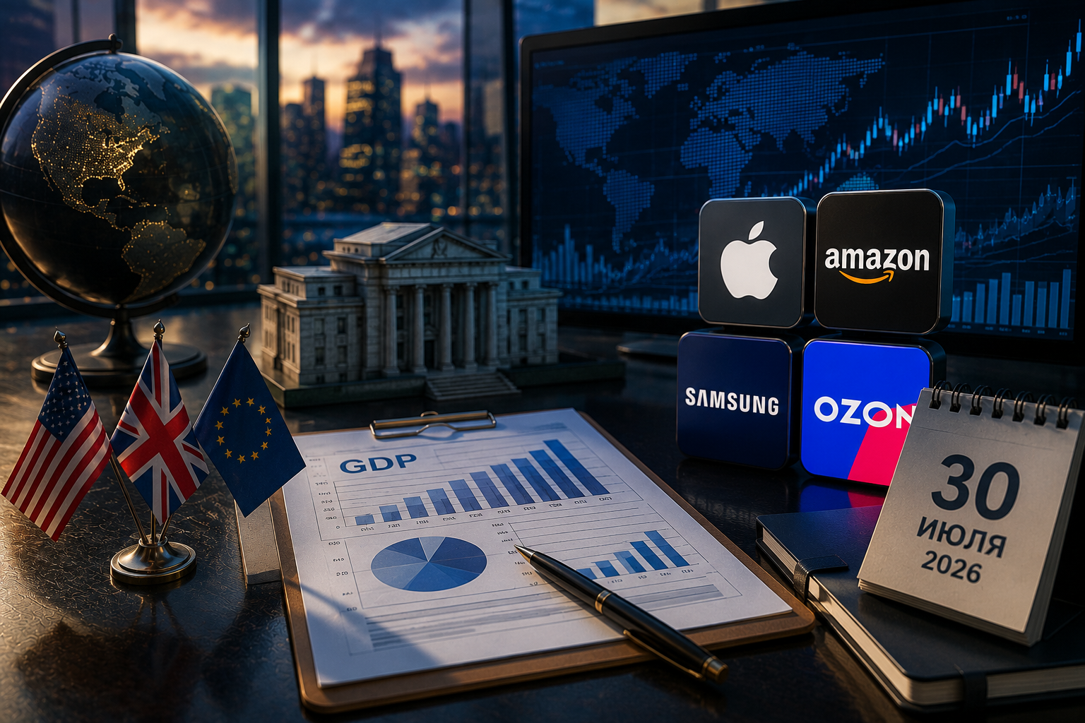 Événements économiques et rapports d'entreprise : jeudi 30 juillet 2026 - PIB des États-Unis, décision de la Banque d'Angleterre, rapports d'Apple, Amazon, Samsung et Ozon.