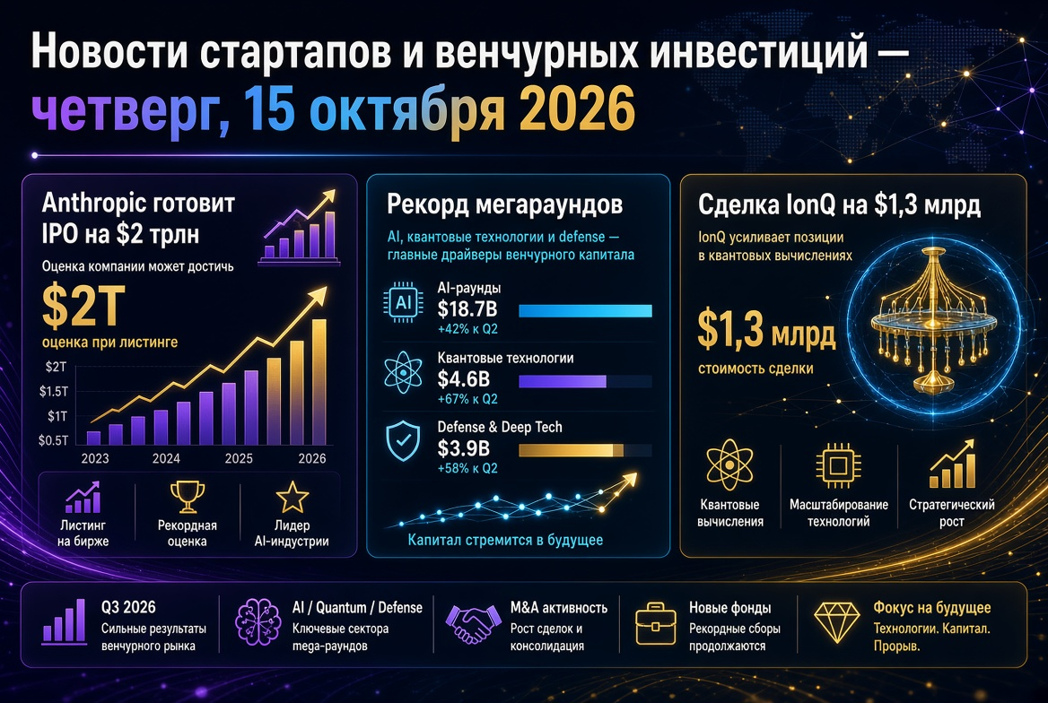 Actualités des startups et des investissements en capital-risque — jeudi 15 octobre 2026 : Anthropic prépare un IPO de 2 trillions de dollars, un record de mégaradons et une transaction IonQ de 1,3 milliard de dollars