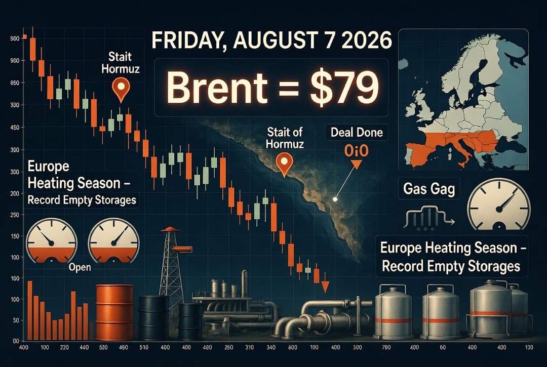 Actualités pétrole et énergie — vendredi 07 août 2026 : l'accord sur le détroit d'Ormuz a fait chuter le pétrole, Brent à 79 $, l'Europe entre dans la saison de chauffage avec des stocks historiquement bas.