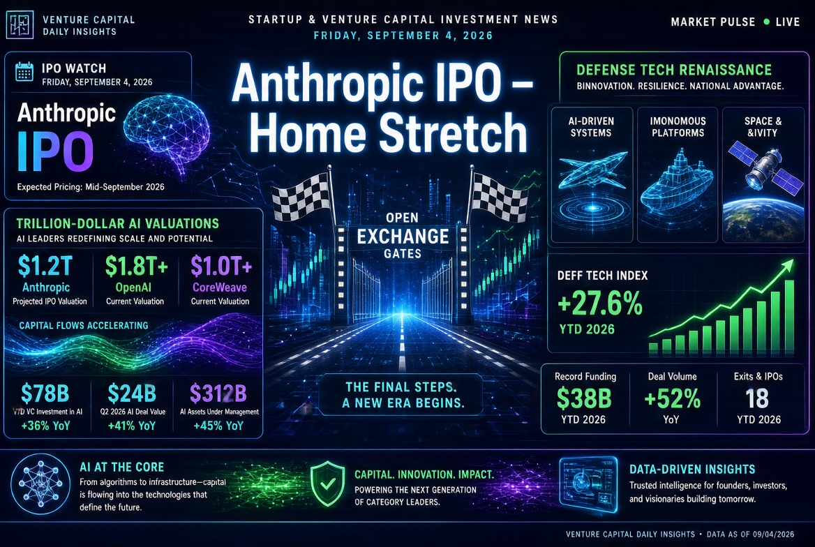 Actualités des startups et des investissements en capital-risque — vendredi, 4 septembre 2026 : ligne d’arrivée de l’IPO Anthropic, évaluations trillionnaires en IA et renouveau des technologies de défense.