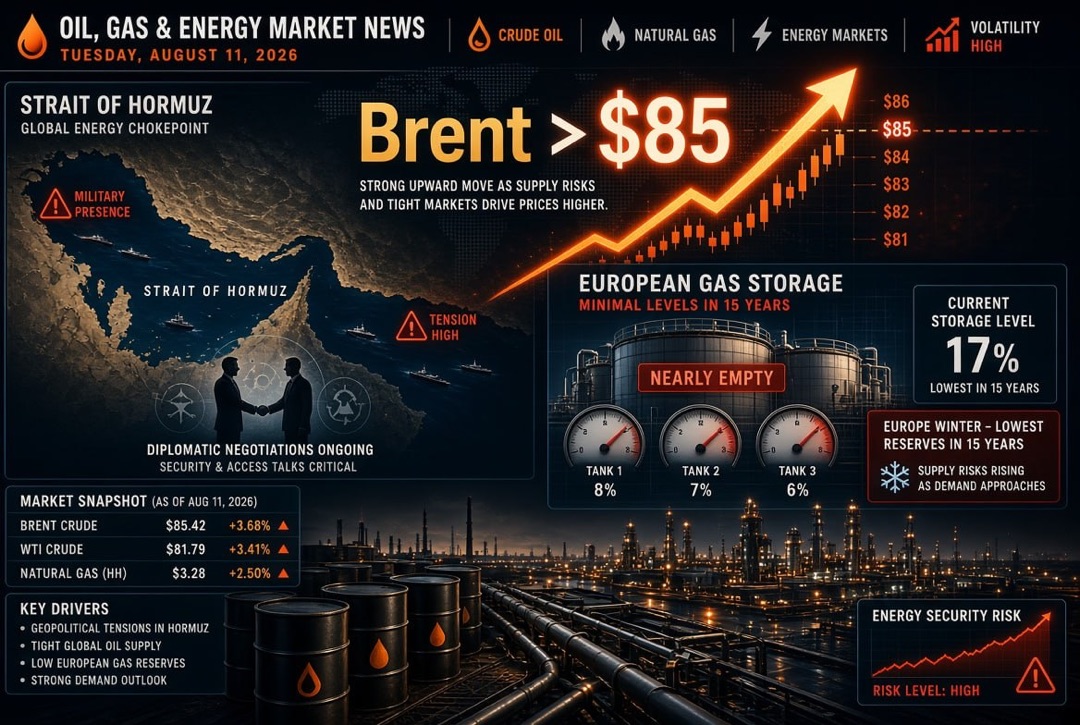 Actualités pétrole et gaz — mardi 11 août 2026 : Le Brent franchit 85 $ dans le contexte du marchandage autour du détroit d'Ormuz, l'Europe entre dans l'hiver avec des stocks de gaz aux niveaux les plus bas depuis 15 ans.