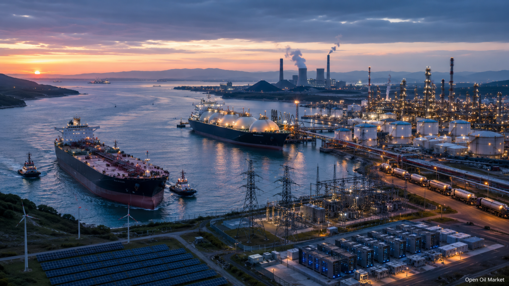 Actualités pétrole et gaz et énergie du 2 juin 2026 : pétrolier dans le détroit stratégique, terminal GNL, raffinerie, réseaux électriques, centre de données, énergies renouvelables et génération au charbon.