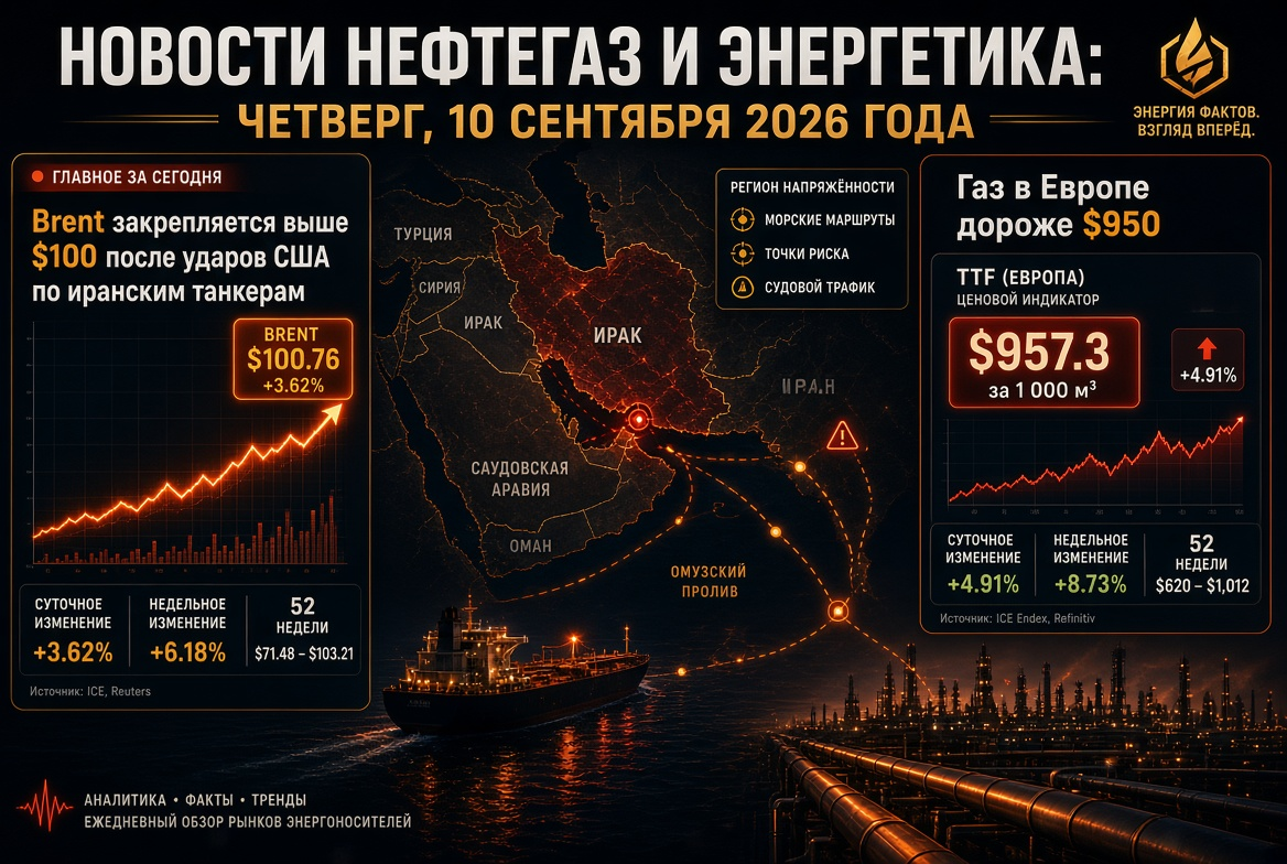 Actualités pétrolières et énergétiques : jeudi 10 septembre 2026 - Brent se maintient au-dessus de 100 $ après des frappes des États-Unis contre des tankers iraniens, gaz en Europe plus cher que 950 $
