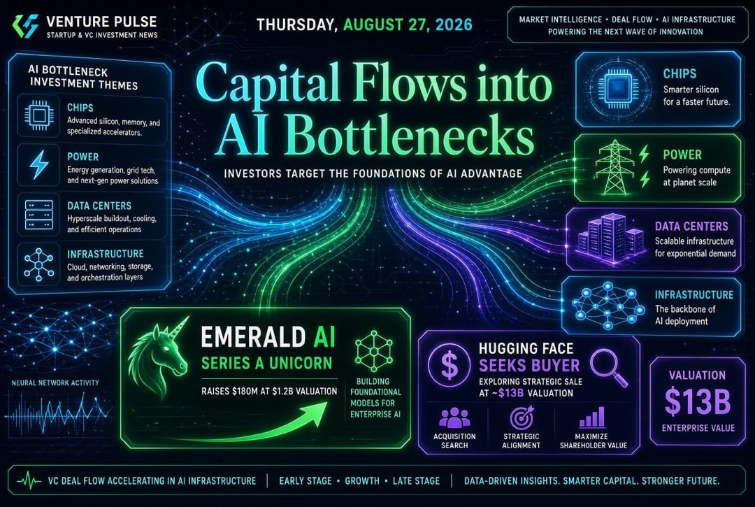 Actualités des startups et des investissements en capital-risque - jeudi 27 août 2026 : le capital se dirige vers les "goulots d'étranglement" de l'IA, Emerald AI devenue licorne en Series A, et Hugging Face recherche un acheteur pour 13 milliards de doll