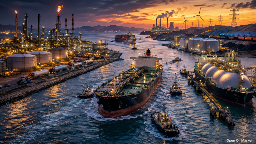 Marché mondial de l'énergie le 19 juillet 2026 : pétrolier, terminal GNL, raffinerie, centrales électriques, énergies renouvelables et logistique charbonnière.