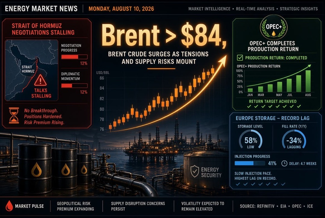 Actualités pétrole et énergie — lundi 10 août 2026 : les négociations sur le détroit d'Ormuz stagnent, Brent au-dessus de 84 $, OPEP+ a terminé le retour de la production, l'Europe remplit ses stocks avec un retard record
