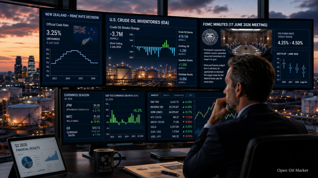 Événements économiques et rapports d'entreprises, mercredi 8 juillet 2026 : taux de la RBNZ, stocks de pétrole de l'EIA et minutes du FOMC