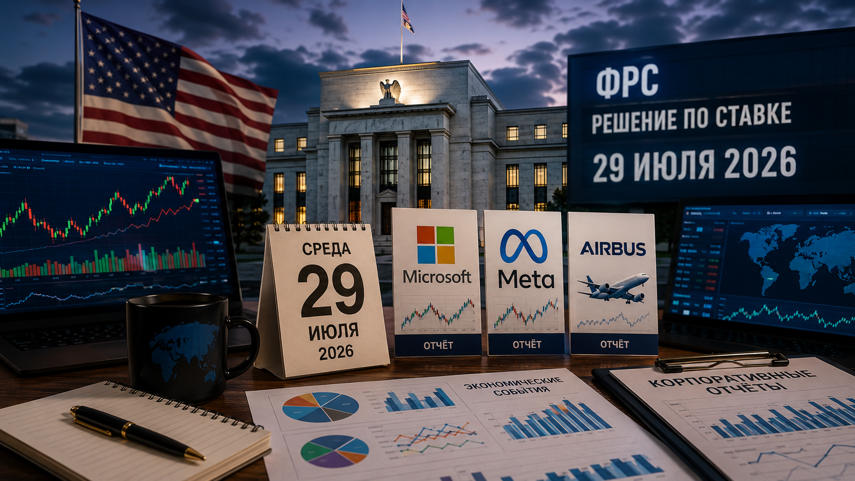Événements économiques et rapports d'entreprise : mercredi 29 juillet 2026 — décision de la Fed sur le taux, rapports de Microsoft, Meta et Airbus