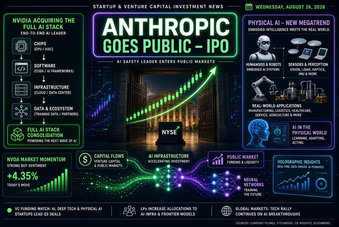 Actualités des startups et des investissements en capital-risque - mercredi 26 août 2026 : Anthropic entre en IPO, Nvidia acquière tout le stack AI, et l'IA physique devient une nouvelle méga-tendance