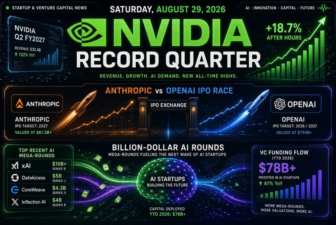 Actualités des startups et des investissements — Samedi, 29 août 2026 : trimestre record de Nvidia, course aux IPO d'Anthropic et OpenAI et milliards de tours de financement en IA