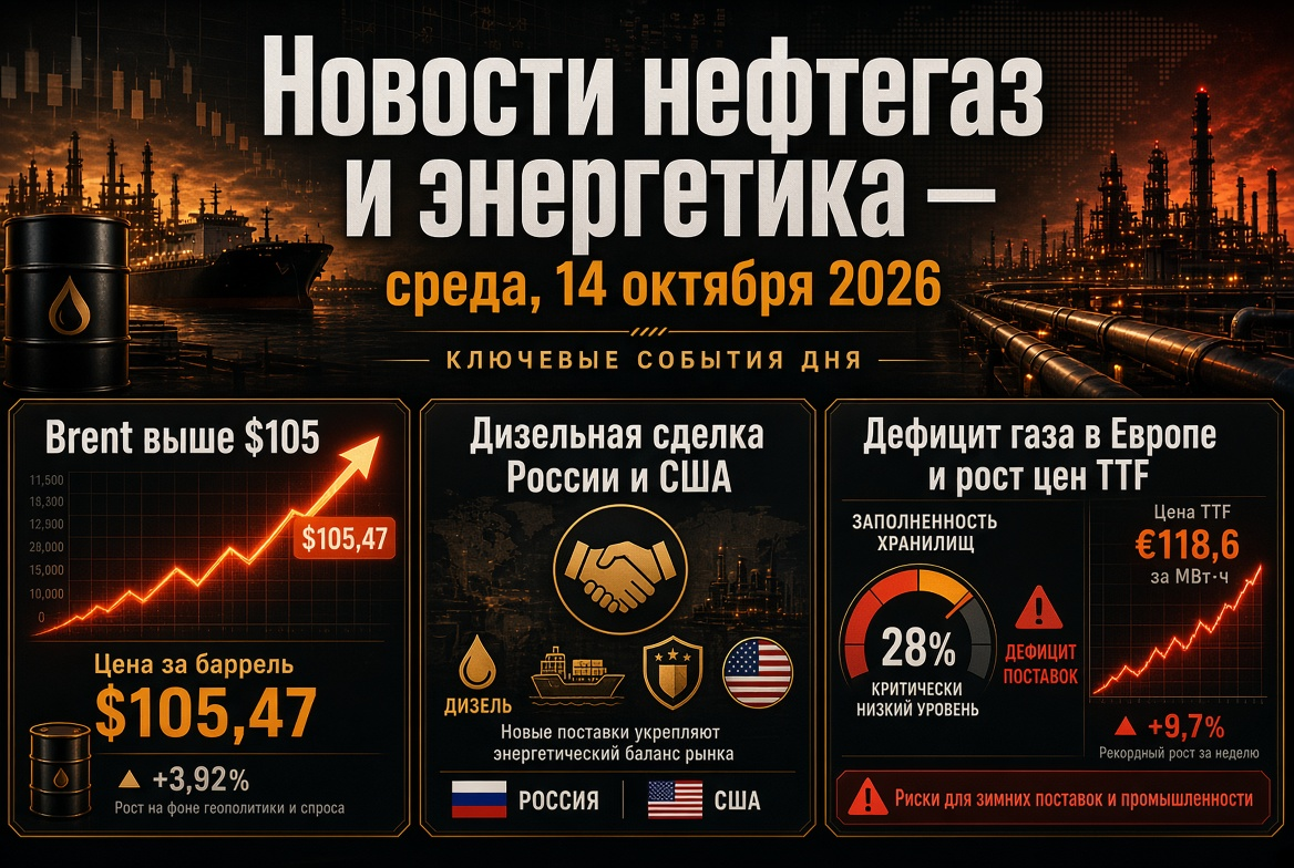 Actualités pétrole et énergie — Mercredi, 14 octobre 2026 : Brent au-dessus de 105 $, accord sur le diesel entre la Russie et les États-Unis, pénurie de gaz en Europe.
