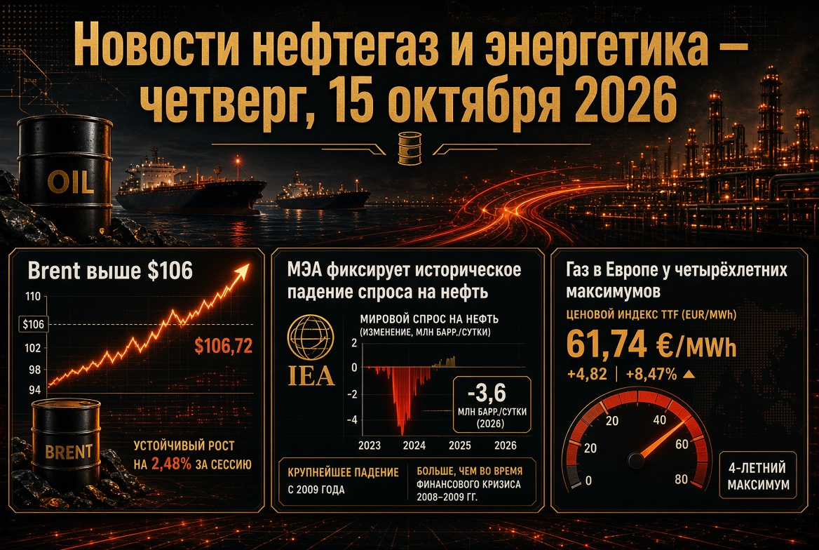 Actualités pétrolières et énergétiques — jeudi 15 octobre 2026 : Brent au-dessus de 106 $, l'AIE signale une chute historique de la demande de pétrole, gaz en Europe à des sommets de quatre ans.
