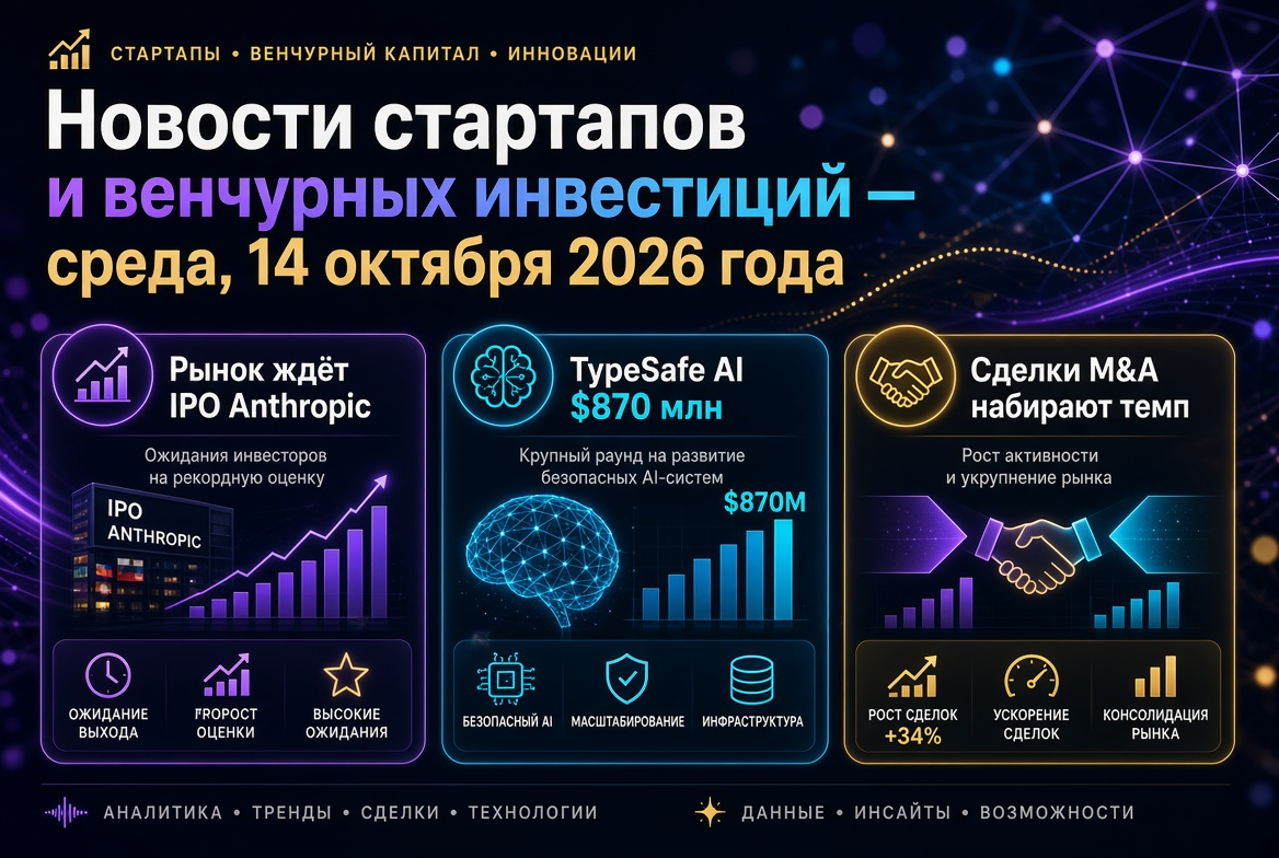 Actualités sur les startups et les investissements en capital-risque - Mercredi 14 octobre 2026 : le marché attend l'IPO d'Anthropic, TypeSafe AI lève 870 millions de dollars, les transactions de fusions et acquisitions s'accélèrent