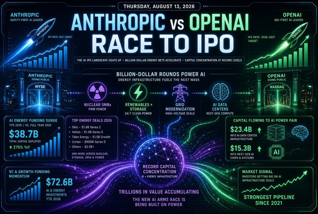 Actualités des startups et des investissements en capital-risque — jeudi 13 août 2026 : la course d'Anthropic et d'OpenAI vers la Bourse, des milliards en rondes dans l'énergie pour l'IA et une concentration de capital record