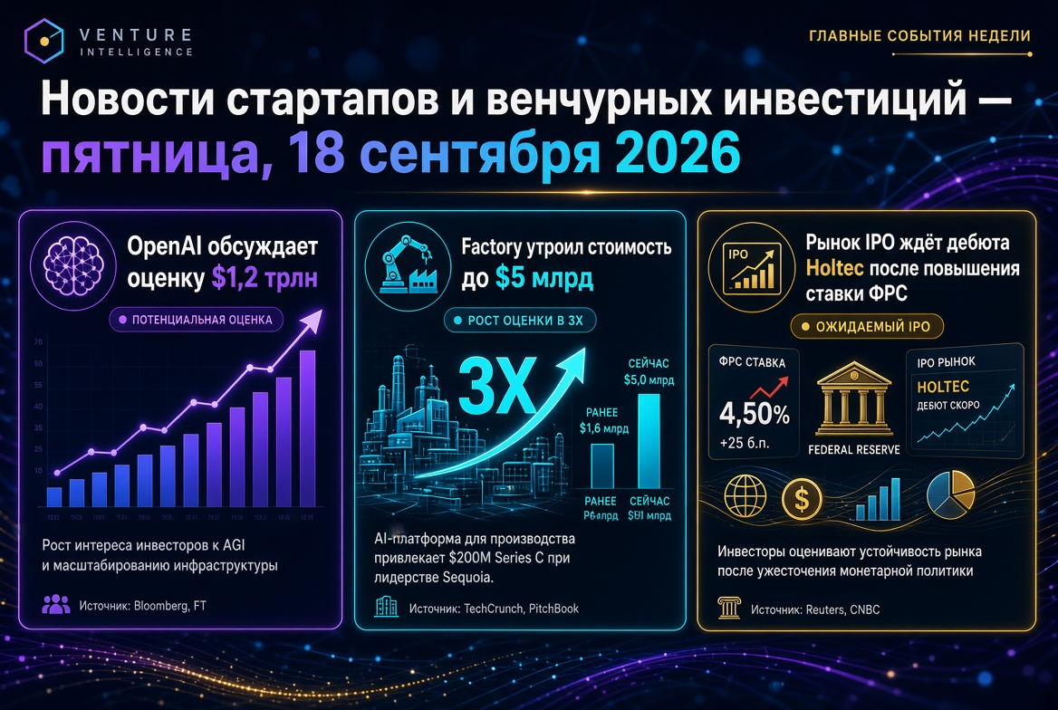 Nouvelles des startups et des investissements en capital-risque — vendredi 18 septembre 2026 : OpenAI discute de l'évaluation de 1,2 trillion de dollars, Factory triple sa valeur à 5 milliards de dollars, le marché des IPO attend le lancement de Holtec ap