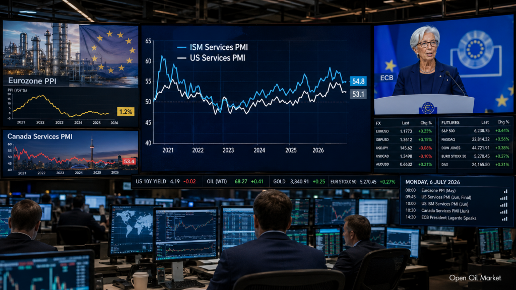 Calendrier économique du 6 juillet 2026 : ISM Services PMI des États-Unis, IPP de la zone euro, PMI du Canada, intervention de la présidente de la BCE Christine Lagarde et réaction des investisseurs