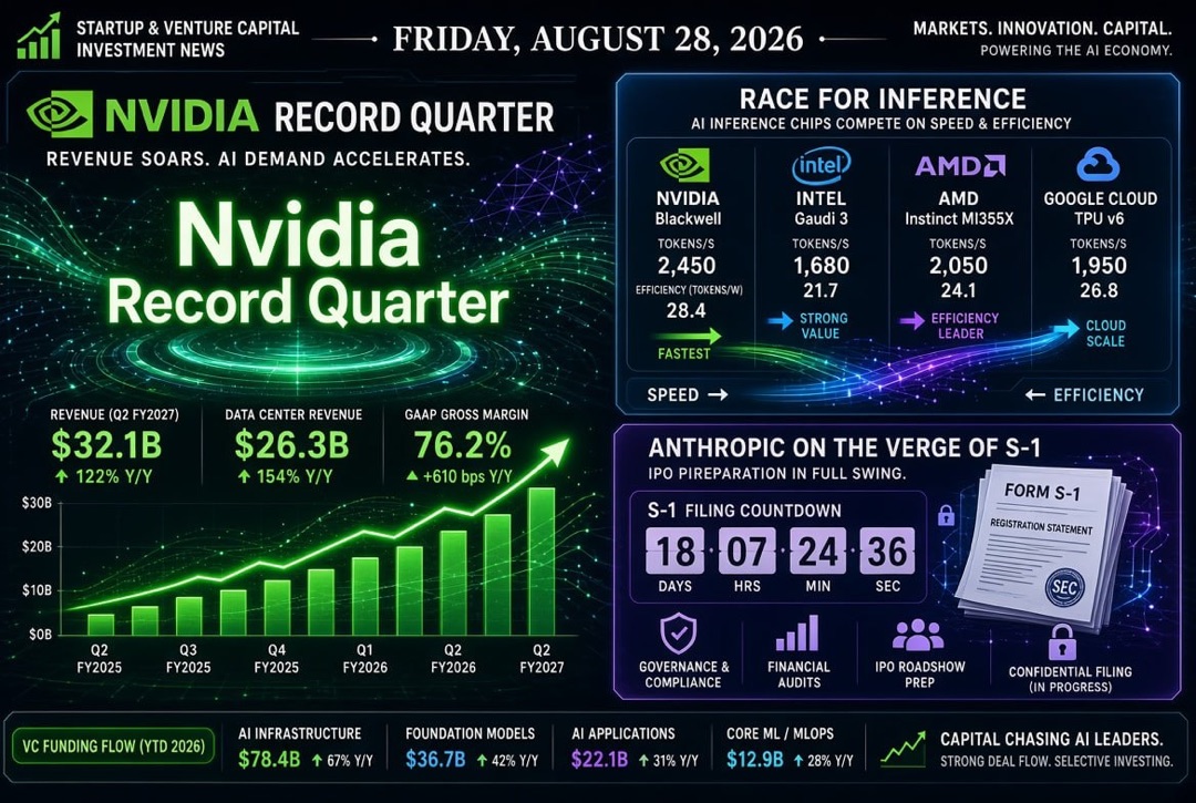Nouvelles des startups et des investissements en capital-risque — vendredi 28 août 2026 : trimestre record de Nvidia, course à l'inférence et Anthropic sur le point d'un S-1 public.