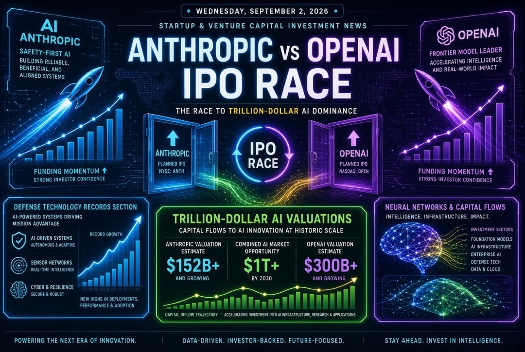 Actualités des startups et de l'investissement en capital-risque — mercredi 2 septembre 2026 : la course IPO d'Anthropic et d'OpenAI, les valorisations à un billion de dollars dans l'IA et les records des technologies de défense