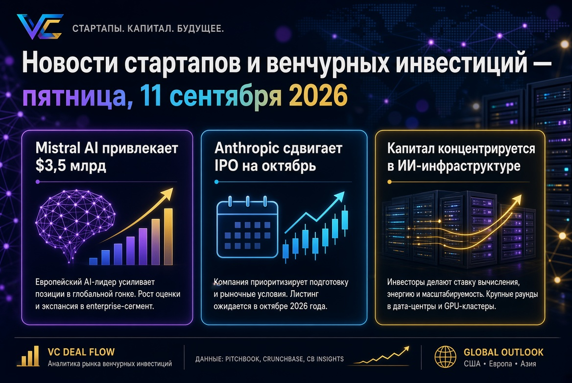 Actualités des startups et des investissements en capital-risque - vendredi 11 septembre 2026 : Mistral AI lève 3,5 milliards de dollars, Anthropic reporte son IPO à octobre, et le capital se concentre dans l'infrastructure IA