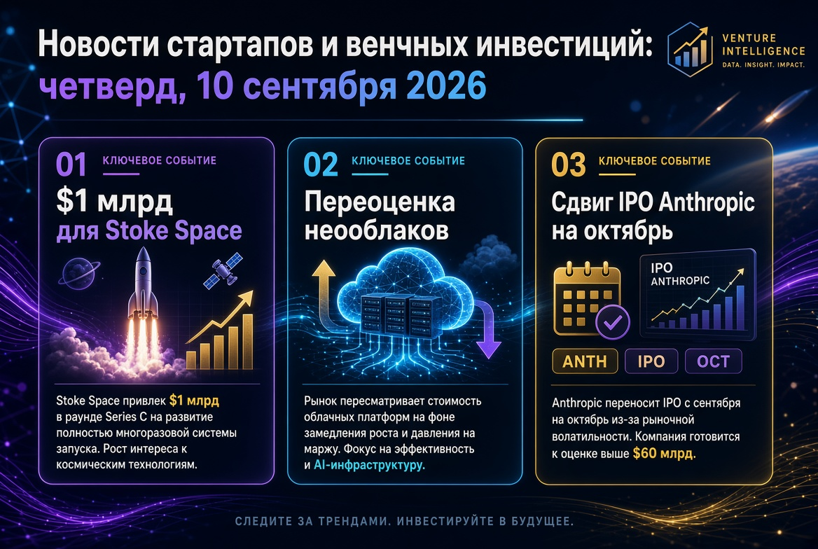 Actualités des startups et des investissements en capital-risque : jeudi 10 septembre 2026 — 1 milliard de dollars pour Stoke Space, réévaluation des nébuleuses et report de l'IPO d'Anthropic à octobre