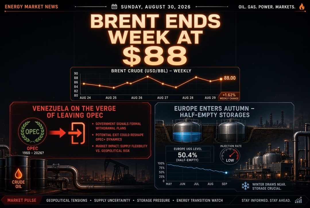 Nouvelles du secteur pétrolier et énergétique — dimanche 30 août 2026 : le Venezuela sur le point de quitter l'OPEP, le Brent termine la semaine à 88 $, l'Europe entre en automne avec des SSG peu remplis.