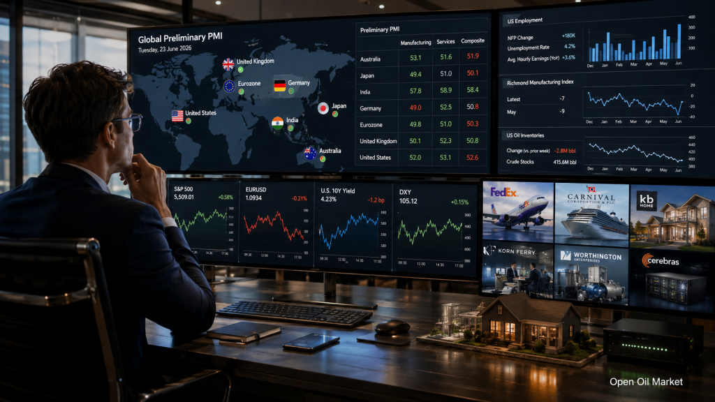 Événements économiques et rapports d'entreprise : mardi, 23 juin 2026 — PMI globaux, marché du travail aux États-Unis, FedEx, Carnival et KB Home